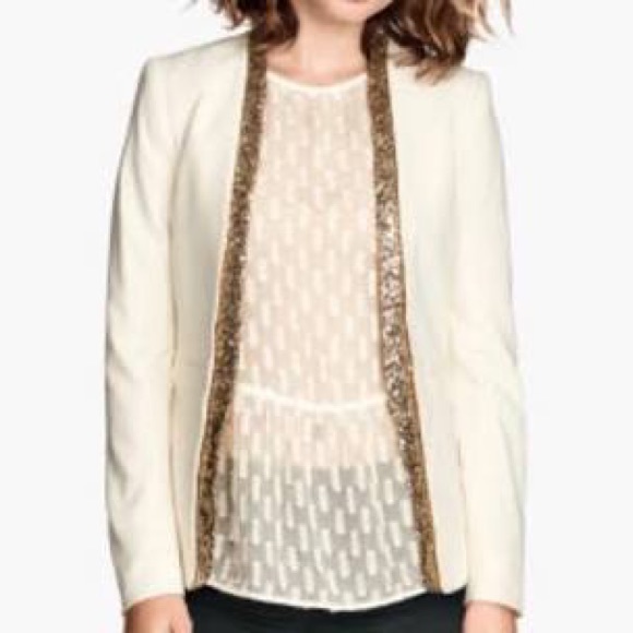 H&M ivory open front blazer with gold sequin trim - Picture 2 of 5